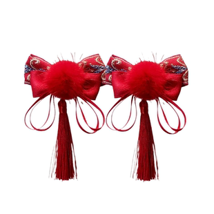 中国风红色貂毛儿童发夹毛球流苏喜庆对夹女宝宝古风汉服公主发卡