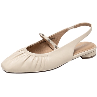 【静音系列】千百度羊皮褶皱低跟凉鞋2025夏新款后空包头时装凉鞋