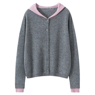 美丽奴羊毛羊绒假两件连帽针织衫女新款松驰减龄撞色毛衣开衫外套