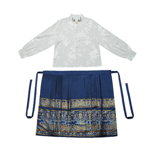 明制汉服妆花织金蓝色马面裙套装新中式国风刺绣交领对襟衬衫上衣