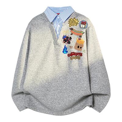 查尔斯桃心美式卡通印花假两件POLO卫衣男女秋季宽松情侣长袖上衣