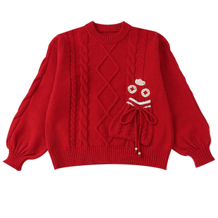 女童红色套头毛衣2026新年时尚洋气质儿童钱袋麻花纹本命年针织衫