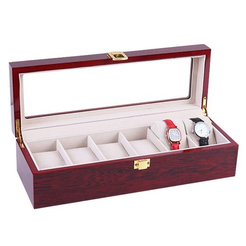 跨境热销12位酒红色透明盒钢琴漆收纳烤手表手表展示开窗木质盒