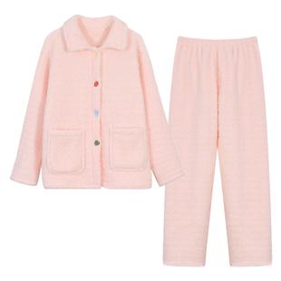 歌力诺珊瑚绒睡衣女款冬天保暖柔软翻领加厚加绒粉色家居服高级感