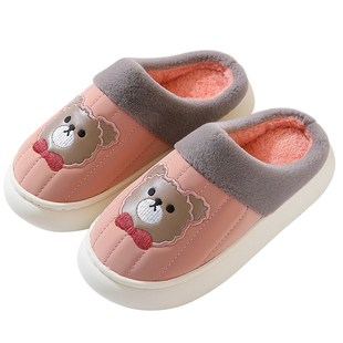 卡通皮面防水防滑情侣棉拖鞋女士冬季居家室内加厚底保暖鞋家用男