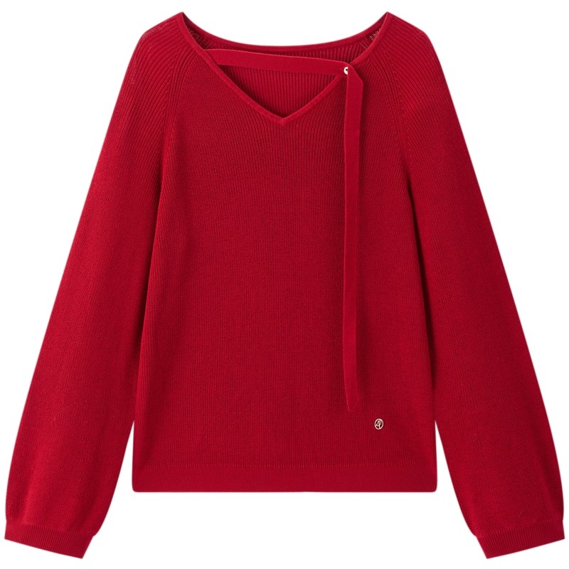 太平鸟红色V领镂空飘带仪式感针织衫女士26春季新款宽松时尚毛衣