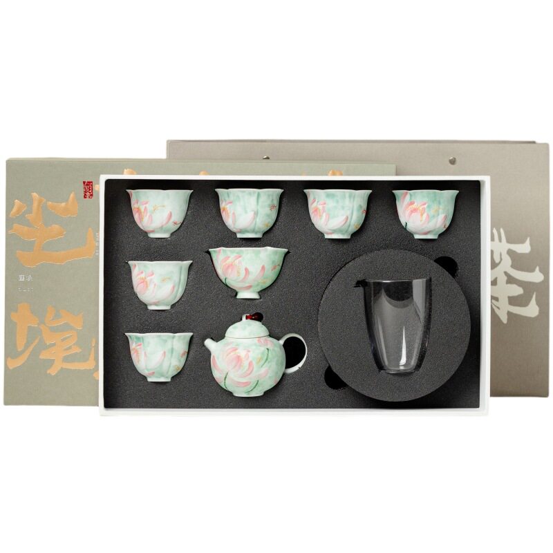 手绘莲花陶瓷女士茶具礼盒套装