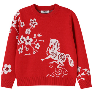 安奈儿童装女童圆领长袖毛衣针织衫2026春新年款剪纸提花保暖红色