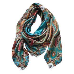 【孔雀绿腰果花】精致美丽的100%桑蚕丝大方巾真丝丝巾围巾女春夏