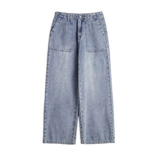 马登复古浅蓝色法工裤水洗直筒垂坠感大口袋阔腿宽松牛仔裤女款春