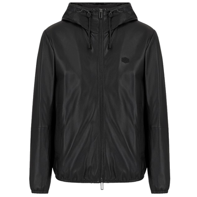 Armani鹰标男士连帽真皮夹克外套