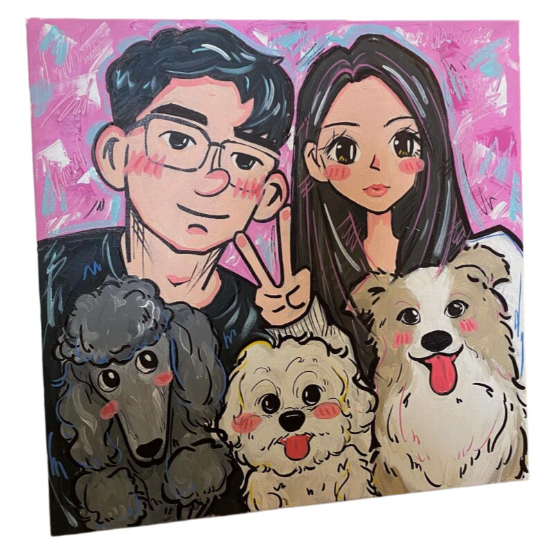卡通Q版一家四口装饰画定制一家三口油画代画全家福动漫画像设计