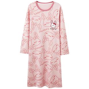 猫人纯棉睡裙女2024新款春秋季长袖睡衣可爱甜美全棉中长款家居服