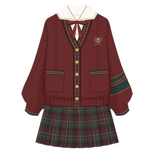 lF原创圣诞小熊新年JK套装日系学院风制服红色毛衣开衫女外套秋冬
