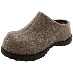 厚底毛呢勃肯鞋女外穿2026秋冬新款一脚蹬懒人灰色增高包头半拖鞋