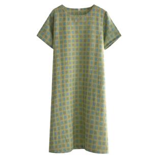 格子复古风睡裙女夏季提花纯棉纱布薄款短袖裙子家居服睡衣可外穿