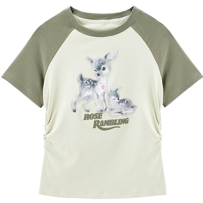 【商场同款】乐町小鹿插肩袖T恤秋新款修身显瘦绿色短袖C2CNF3150