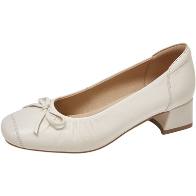 康莉羊皮蝴蝶结粗跟单鞋通勤百搭