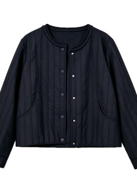 短款休闲宽松棉服外套女拼接圆领