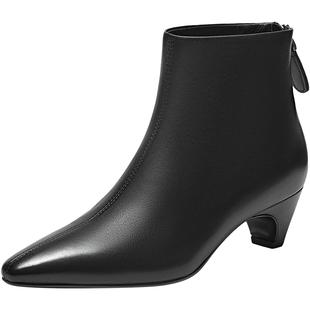 董洁同款真美诗初雪2025冬新款羊皮通勤小方头瘦瘦靴时装靴短靴女