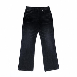 CHANSOAR 黑色复古水洗赤耳牛仔裤做旧压皱猫须直筒微喇长裤男