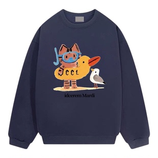 idcerem Mardi小猫卫衣女冬季新款休闲趣味卡通印花圆领加绒上衣
