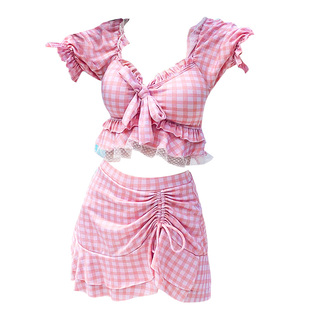 韩版精品ins泳装女泡温泉格子保守遮肚显瘦裙式两件套分体游泳衣