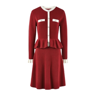 秋水伊人撞色圆领裙子2025年冬季新款女气质优雅袖口荷叶边连衣裙