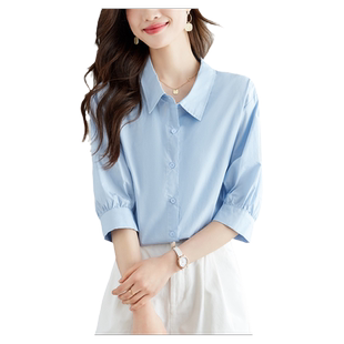 初影淡蓝色衬衫女五分袖夏装新款精致通勤上衣纯棉别致衬衣