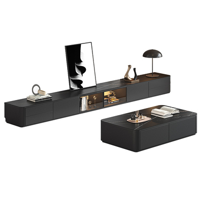 岩板电视柜茶几组合家用客厅2025新款黑色实木落地储物柜电视机柜