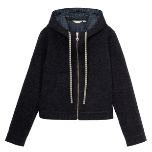 whiteiswhite短款卫衣女2026冬季新款牛仔蓝拉链开衫连帽宽松外套