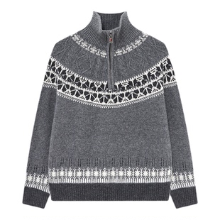 Basic House/百家好绵羊毛复古费尔岛提花半拉链高领毛衣针织衫女