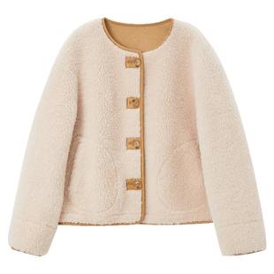 三彩女装2024冬季新款绵羊毛皮草羊羔毛外套圆领短款小个子女M