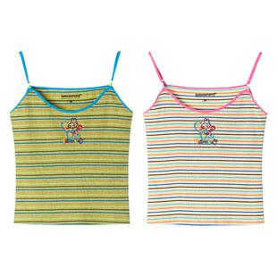 BETWEENANDx鸟鸟一 千禧少女双色插画刺绣条纹吊带背心女修身上衣