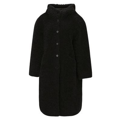 马天奴黑色绵羊毛连帽中长外套