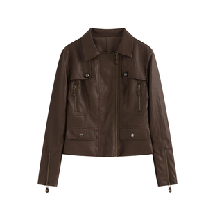 AZure温柔风修身pu皮衣法式复古短外套真皮工艺人造革环保皮上衣