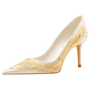 凤尾香罗rosecastle婚鞋女主婚纱手工刺绣香槟色绸缎高跟礼服单鞋