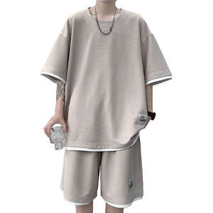 假两件套装男夏季短袖T恤休闲短裤潮流运动宽松家居服装透气薄款