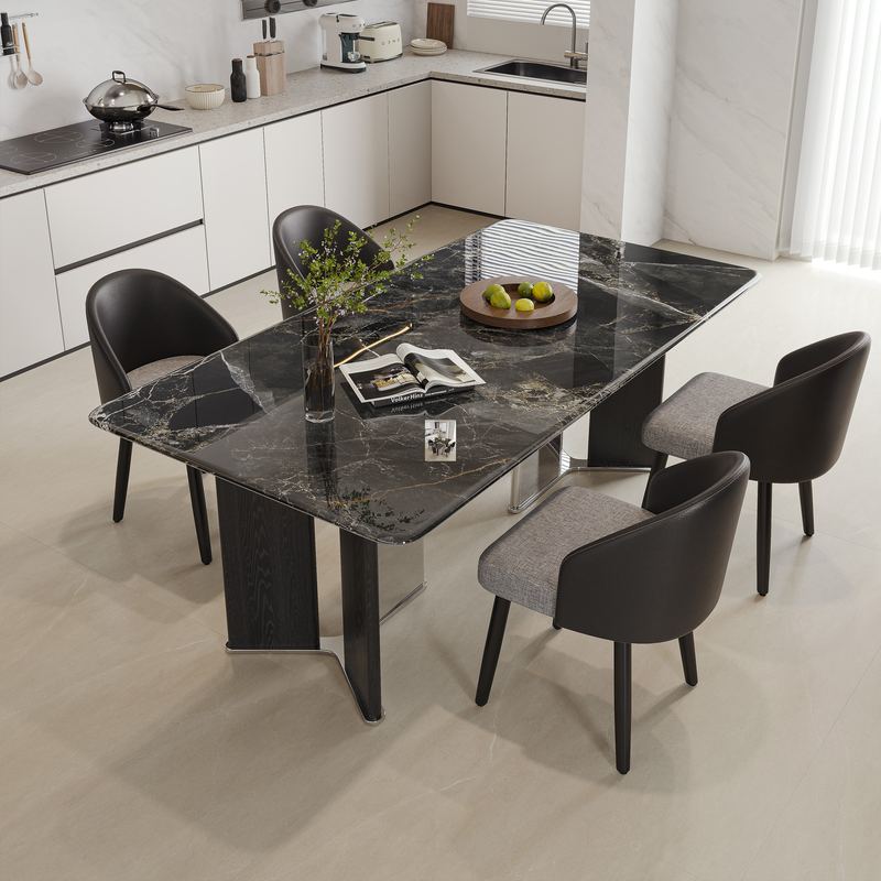 意式亮光大理石餐桌椅组合石简现代饭桌极家用奢简约高端长方形