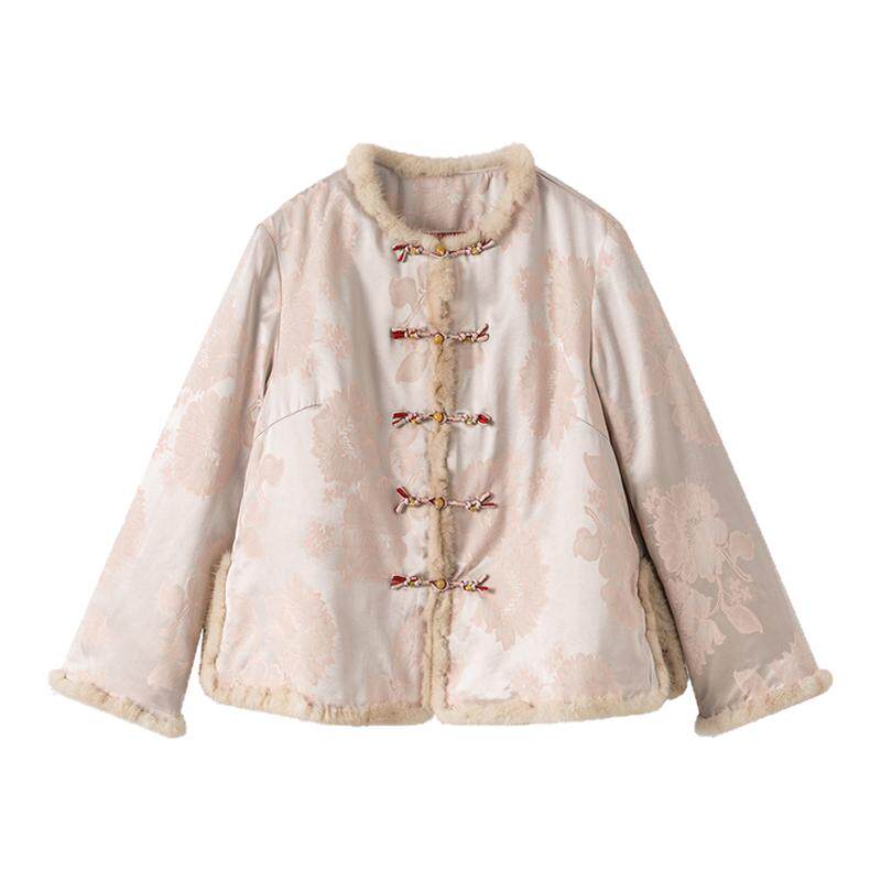 【晴柚】莨西子新中式国风桑蚕丝棉服外套女秋冬水貂毛拼接棉衣