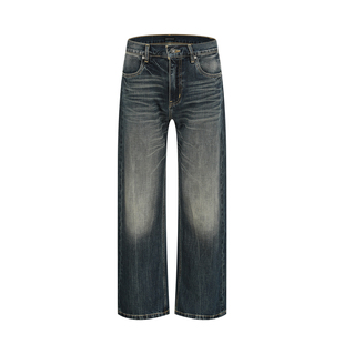 【黄景瑜同款】OaOO深蓝色闪电纹牛仔裤复古水洗宽松直筒微阔长裤