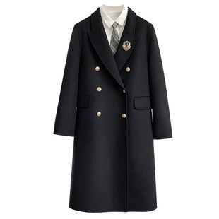 黑色赫本风双面羊绒过膝长款正肩外套女新款双排扣减龄校供感大衣