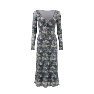 ooh itch痒痒 复古网纱印花连衣裙长袖法式绑带修身弹力包臀长裙