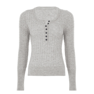 WEEKEEP 简约基础纯色圆领排扣麻花纹理毛衣女百搭修身长袖上衣