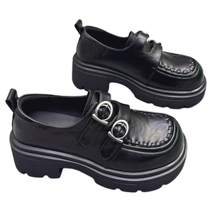 真皮女鞋2026春新款小个子增高6CM小皮鞋复古皮带扣魔术贴乐福鞋