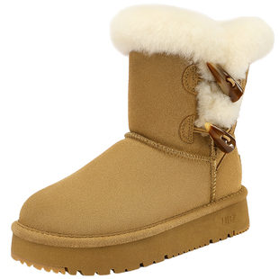 UBZ 防水毛毛厚底牛角扣雪地靴女2026冬加绒加厚保暖东北增高棉鞋