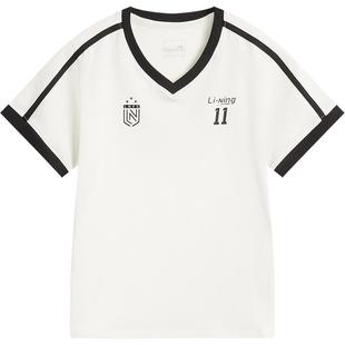 李宁短袖女士夏季新款女装网球风V领上衣白色半袖印花正肩运动T恤