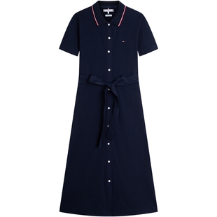 Tommy26春夏新款女装珠地网眼气质系带收腰显瘦POLO翻领连衣裙