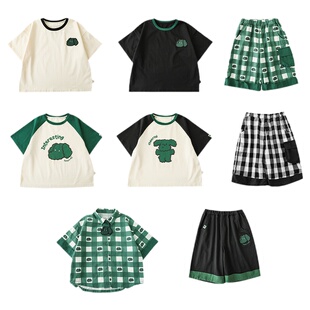 幼悠 夏季薄款男童小狗棋盘格印花可拆领带衬衫短袖T恤短裤套装潮