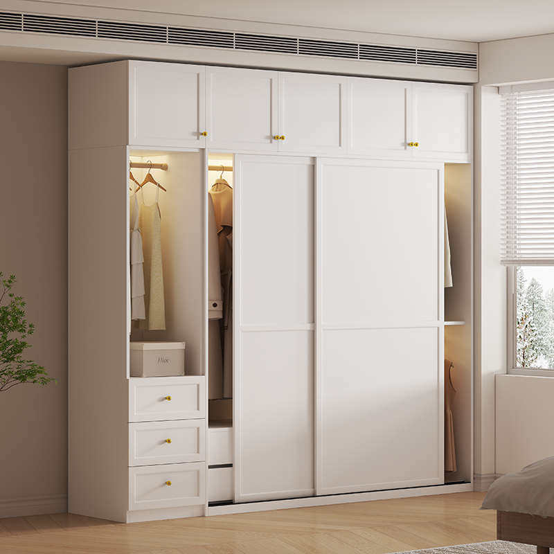法式奶油风衣柜推拉门家用卧室储物柜子经济型小户型简约大衣橱